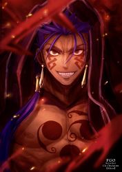Rule 34 | 1boy, beads, blue hair, bodypaint, character name, closed mouth, cu chulainn (fate), cu chulainn (fate) (all), cu chulainn (fate/stay night), cu chulainn alter (fate), cu chulainn alter (fate/grand order), dark persona, earrings, facepaint, fate/grand order, fate (series), grin, hair beads, hair ornament, highres, hood, hood up, jewelry, kageji, lancer, long hair, looking at viewer, male focus, muscular, muscular male, nipples, ponytail, red eyes, sharp teeth, smile, solo, spiked hair, tan, teeth, topless male