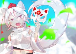 Rule 34 | 1girl, animal ears, detached sleeves, fang, hair between eyes, hat, highres, holding, holding mask, inubashiri momiji, kureyon1206, leaf, long tail, maple leaf, mask, midriff, navel, open mouth, pom pom (clothes), red eyes, short hair, smile, solo, summer, tail, tokin hat, touhou, water, waterfall, white hair, wide sleeves, wolf ears, wolf girl, wolf mask, wolf tail