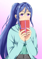 Rule 34 | 1girl, absurdres, aqua jacket, artist name, artist request, black skirt, blue hair, blush, female focus, floral bow, gift, hair between eyes, high ponytail, highres, holding, holding gift, jacket, long hair, long sleeves, looking at viewer, love live!, love live! sunshine!!, matsuura kanan, miniskirt, nail, nail polish, parted lips, pink nails, plaid, plaid skirt, pleated, pleated skirt, ponytail, purple eyes, skirt, smile, solo