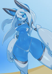 Rule 34 | 1girl, android, animal ears, bikini, blue eyes, blue sclera, blue skin, blue sky, breasts, cameltoe, colored sclera, colored skin, covered erect nipples, extra eyes, highres, long hair, looking at viewer, medium breasts, micro bikini, no mouth, original, oversized forearms, oversized limbs, pochincoff, robot, sky, solo, standing, swimsuit, thighhighs, una (pochincoff), white hair, white skin