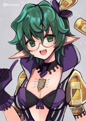 Rule 34 | 1girl, :d, absurdres, black bra, bra, breasts, chest jewel, cleavage, glasses, gloves, green eyes, green hair, grey background, haruto yuki, highres, jacket, medium breasts, open mouth, pandoria (xenoblade), pointy ears, purple gloves, purple jacket, short hair, simple background, smile, solo, underwear, upper body, xenoblade chronicles (series), xenoblade chronicles 2