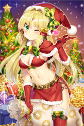 Rule 34 | 1girl, ;3, bad id, bad pixiv id, bell, blonde hair, bow, box, breasts, character request, christmas, christmas tree, coin, copyright request, fur trim, garter straps, gift, gift box, gloves, green eyes, hair bell, hair intakes, hair ornament, hat, heart, heart-shaped pupils, jingle bell, long hair, looking at viewer, medium breasts, midriff, mvv, navel, one eye closed, pom pom (clothes), red gloves, red skirt, red thighhighs, santa costume, santa gloves, santa hat, side slit, skirt, solo, sparkle, symbol-shaped pupils, thighhighs