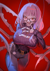Rule 34 | absurdres, antennae, arthropod limbs, belt, black belt, breasts, cleavage, cleavage cutout, clothing cutout, cockroach girl, covered navel, eyelashes, facial mark, glasses, gold necklace, grey pants, hand on own hip, highres, jewelry, large breasts, long hair, long sleeves, maplesights, matara kan, matara kan (casual), necklace, open mouth, pants, pink hair, purple sweater, red background, red eyes, sweater, thigh gap, virtual youtuber, vshojo, yellow pupils