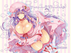 Rule 34 | 1girl, bare shoulders, beige background, blue bow, blue thighhighs, blush, bow, breasts, character name, choker, cleavage, clothes lift, collarbone, commentary request, crescent, crescent hair ornament, dress, dress lift, drop shadow, gloves, gluteal fold, hair ornament, hands up, hat, hat bow, large breasts, lifted by self, long hair, looking at viewer, mob cap, no shoes, parted lips, patchouli knowledge, pekopokox, pink dress, pink gloves, pink hair, pink thighhighs, puffy short sleeves, puffy sleeves, purple background, purple hair, red choker, red eyes, red ribbon, ribbon, short sleeves, solo, striped background, striped clothes, striped thighhighs, thick thighs, thighhighs, thighs, touhou, vertical stripes