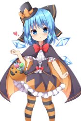 Rule 34 | 1girl, adapted costume, blue eyes, blue hair, blush, bow, bowtie, candy, cape, cirno, corset, detached wings, food, frilled shirt, frilled skirt, frills, hair bow, halloween, halloween bucket, halloween costume, hat, heart, highres, ice, ice wings, large bow, looking at viewer, open mouth, pantyhose, sabana, shirt, simple background, skirt, solo, striped clothes, striped pantyhose, top hat, touhou, white background, wings