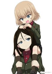 Rule 34 | 10s, 1girl, black footwear, black hair, black skirt, black socks, blonde hair, blue eyes, closed mouth, commentary, emblem, fang, girls und panzer, green jacket, hands on another&#039;s head, jacket, katyusha (girls und panzer), loafers, long hair, long sleeves, looking at another, looking back, miniskirt, nonna (girls und panzer), one-hour drawing challenge, open mouth, pleated skirt, pravda school uniform, red shirt, school uniform, shibagami, shirt, shoes, short hair, simple background, skirt, smile, socks, solo, standing, swept bangs, turtleneck, twitter username, white background
