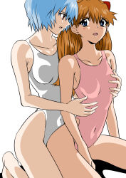 Rule 34 | 2girls, absurdres, ayanami rei, barefoot, blue eyes, blue hair, breasts, brown hair, covered navel, expressionless, eywy4324, grabbing, grabbing another&#039;s breast, grabbing from behind, hair between eyes, hair ornament, highleg, highleg swimsuit, highres, kneeling, long hair, looking at viewer, looking to the side, medium breasts, multiple girls, neon genesis evangelion, one-piece swimsuit, pink one-piece swimsuit, red eyes, sexually suggestive, short hair, simple background, sitting, skin tight, souryuu asuka langley, swimsuit, thong one-piece swimsuit, two side up, white background, white one-piece swimsuit