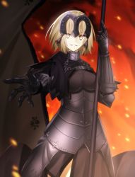 Rule 34 | 1girl, armor, blonde hair, capelet, fate/grand order, fate (series), fire, flag, headpiece, highres, jeanne d&#039;arc (fate), jeanne d&#039;arc alter (avenger) (fate), jeanne d&#039;arc alter (fate), looking at viewer, metal gloves, minamina, outstretched arm, pale skin, polearm, ruler (fate/grand order), short hair, smile, solo, weapon, yellow eyes