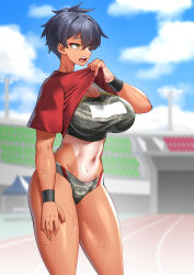 Rule 34 | 1girl, absurdres, black wristband, blurry, blurry background, breasts, camouflage buruma, camouflage sports bra, clothes lift, highres, hitch (perotoss), large breasts, lifting own clothes, looking ahead, navel, one-piece tan, open mouth, original, outdoors, pixie cut, red shirt, running track, sergeant joo, sharp teeth, shirt, shirt lift, short hair, solo, sports bra, stadium, sweat, tan, tanline, teeth, tomboy, track and field, track uniform, yellow eyes