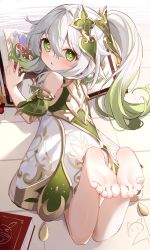 Rule 34 | 1girl, absurdres, barefoot, blush, book, cross-shaped pupils, detached sleeves, dress, elf, feet, from above, from behind, full body, genshin impact, gradient hair, green hair, hair between eyes, hair ornament, highres, looking at viewer, looking back, lying, multicolored hair, nahaki, nahida (genshin impact), on stomach, open book, parted lips, pointy ears, short sleeves, side ponytail, signature, soles, solo, symbol-shaped pupils, the pose, toes, white dress, white hair