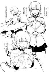 Rule 34 | 1boy, 1girl, absurdres, bra, braid, breasts, breasts squeezed together, cleavage, clothed female nude male, clothed sex, cum, cum on body, cum on breasts, cum on clothes, cum on upper body, expressionless, fate/grand order, fate (series), florence nightingale (fate), gloves, greyscale, hetero, highres, huge breasts, jacket, long hair, long sleeves, looking at viewer, military, military uniform, miniskirt, monochrome, nude, open clothes, open jacket, paizuri, parted lips, pleated skirt, skirt, solo focus, translation request, try (lsc), underwear, uniform