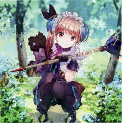 Rule 34 | 1girl, absurdres, atelier (series), atelier lydie &amp; suelle, blush, boots, bow, day, forest, gloves, hairband, highres, huge filesize, looking at viewer, lydie marlen, nature, official art, outdoors, pink eyes, pink hair, scan, short hair, side ponytail, squatting, staff, yuugen