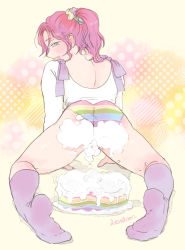 Rule 34 | 1boy, ass, blue eyes, cake, crossdressing, food, freckles, from behind, lemicon, long hair, looking back, male focus, original, penis, solo, trap
