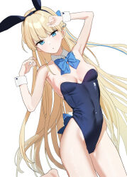 Rule 34 | 1girl, animal ears, arm up, bare shoulders, blonde hair, blue archive, blue bow, blue bowtie, blue eyes, blue leotard, bow, bowtie, breasts, cleavage, covered navel, detached collar, fake animal ears, hand up, highres, leotard, long hair, medium breasts, official alternate costume, playboy bunny, rabbit ears, simple background, solo, subachi, toki (blue archive), toki (bunny) (blue archive), white background, wrist cuffs
