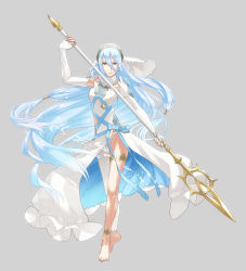 Rule 34 | 1girl, absurdres, anklet, azura (fire emblem), barefoot, blue hair, dress, elbow gloves, feet, fire emblem, fire emblem fates, full body, gloves, hair between eyes, hairband, highres, jewelry, kozaki yuusuke, long hair, looking at viewer, necklace, nintendo, official art, polearm, ribbon, simple background, solo, spear, veil, very long hair, weapon, yellow eyes