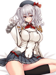 Rule 34 | 10s, 1girl, beret, black socks, blue eyes, blush, breasts, buttons, epaulettes, frilled sleeves, frills, gloves, hat, hayama kazusa, kantai collection, kashima (kancolle), kerchief, large breasts, long sleeves, looking at viewer, military, military uniform, miniskirt, on bed, panties, pantyshot, playing with own hair, pleated skirt, sidelocks, silver hair, sitting, skirt, smile, socks, solo, twintails, underwear, uniform, wavy hair, white gloves, white panties