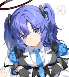 Rule 34 | 1girl, 1other, absurdres, black gloves, blue archive, blue eyes, blue necktie, blush, breasts, closed mouth, collared shirt, formal, gloves, halo, highres, jacket, large breasts, long hair, long sleeves, looking at viewer, mechanical halo, necktie, purple hair, sakanafish, shirt, simple background, solo focus, suit, two-sided fabric, two-sided jacket, two side up, white background, white jacket, white shirt, yuuka (blue archive)