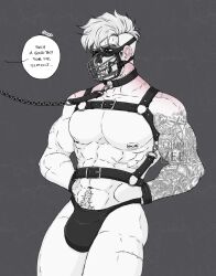 Rule 34 | 1boy, arm tattoo, artist name, bandages, bara, blush, call of duty, call of duty: modern warfare 2, gag, ghost (modern warfare 2), grey background, greyscale, grimmzee91, highres, large pectorals, leather, leather belt, male focus, male swimwear, manly, mature male, mohawk, monochrome, muscular, muscular male, nipple piercing, nipples, pectorals, piercing, pubic hair, scar, signature, simple background, speech bubble, swim briefs, tattoo, thick arms, thick eyebrows, undercut