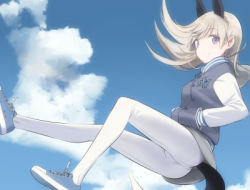 Rule 34 | 1girl, animal ears, blue eyes, blush, casual, cloud, day, eila ilmatar juutilainen, full body, hands in pockets, hood, hooded jacket, jacket, long hair, looking at viewer, lowres, pantyhose, shimada fumikane, shoes, silver hair, smile, sneakers, solo, strike witches, tail, white pantyhose, world witches series