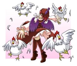 Rule 34 | 1girl, bird, chicken, feathers, h.dupp (nama aakiruu), hat, mystia lorelei, red hair, simple background, touhou, wings