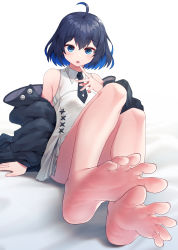 Rule 34 | 1girl, :o, arka91, bare shoulders, barefoot, black jacket, black necktie, blue eyes, blue hair, bob cut, feet, foot focus, foreshortening, highres, honkai (series), honkai impact 3rd, jacket, medium hair, necktie, open clothes, open jacket, open mouth, seele vollerei, shirt, sitting, soles, solo, toes, white shirt