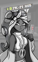 Rule 34 | 1girl, absurdres, bare shoulders, breasts, crop top, delrioregal, headband, highres, large breasts, lips, marina (splatoon), monochrome, nintendo, octoling, sleeveless, splatoon (series), splatoon 2, splatoon 2: octo expansion, tentacle hair