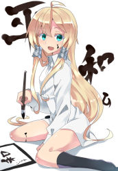 Rule 34 | 1girl, :d, ahoge, akatoro (nightlord), black socks, blonde hair, blue eyes, blush, bottomless, calligraphy brush, colored eyelashes, dress shirt, facepaint, hair between eyes, hair tubes, ink, ink on face, kneehighs, long hair, long sleeves, looking at viewer, low twintails, open mouth, original, paintbrush, paper, shirt, sidelocks, simple background, sitting, smile, socks, solo, translation request, twintails, very long hair, wariza, white background