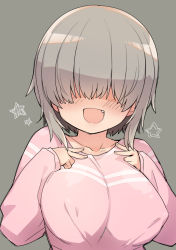 Rule 34 | 1girl, blush, breasts, collarbone, commission, covered erect nipples, double v, fang, grey background, grey hair, hair over eyes, large breasts, long bangs, long sleeves, open mouth, pixiv commission, shirt, short hair, simple background, smile, solo, star (symbol), stroma, upper body, uzaki-chan wa asobitai!, uzaki yanagi, v