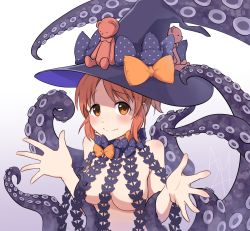 Rule 34 | 1girl, abe nana, abigail williams (fate), abigail williams (fate) (cosplay), abigail williams (second ascension) (fate), au46 kaji, bare shoulders, black bow, blush, bow, breasts, brown eyes, brown hair, commentary request, cosplay, fate/grand order, fate (series), hat, hat bow, highres, idolmaster, idolmaster cinderella girls, large breasts, large hat, looking at viewer, nude, orange bow, polka dot, polka dot bow, ponytail, short hair, solo, stuffed animal, stuffed toy, teddy bear, tentacles, upper body
