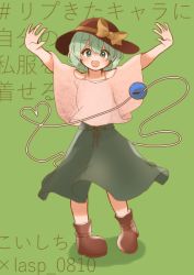 Rule 34 | 1girl, black hat, blouse, boots, bow, brown footwear, commentary request, full body, green background, green eyes, green hair, green ribbon, green skirt, hat, hat bow, komeiji koishi, laspberry., long sleeves, open mouth, outstretched arms, pink shirt, ribbon, shirt, short hair, simple background, skirt, touhou, translation request, wide sleeves, yellow bow, ||/