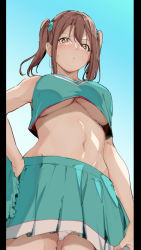 Rule 34 | 1girl, alp, bare shoulders, blue background, blush, breasts, brown eyes, brown hair, character request, cheer girl wo ecchi na me de miru nante saiteette itteta ano musume ga..., cheerleader, closed mouth, crop top, crop top overhang, from below, gradient background, hair bobbles, hair ornament, hand on own hip, highres, large breasts, looking at viewer, looking down, navel, panties, pillarboxed, pom pom (cheerleading), short hair, short twintails, sleeveless, solo, stomach, sweat, twintails, underwear, upskirt, white panties