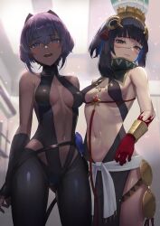 Rule 34 | 2girls, announ (kurotya), bare shoulders, black gloves, black hair, black hairband, black leotard, black skirt, blood, blood on hands, blue hair, blush, bracer, breasts, center opening, colored inner hair, dark-skinned female, dark skin, detached collar, facepaint, fate/grand order, fate/prototype, fate/prototype: fragments of blue and silver, fate (series), feathers, fingerless gloves, gloves, grey eyes, hairband, halterneck, hassan of serenity (fate), headdress, high collar, highres, leggings, leotard, looking at viewer, medium breasts, multicolored hair, multiple girls, navel, open mouth, pelvic curtain, purple eyes, purple hair, sash, short hair, sidelocks, skirt, small breasts, smile, tassel, tenochtitlan (fate), tenochtitlan (first ascension) (fate), thighs