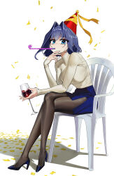 Rule 34 | absurdres, alcohol, black pantyhose, blue eyes, blue footwear, blue hair, blue skirt, breasts, chair, confetti, crossed legs, cup, drink, drinking glass, ghdwid, hair intakes, hand on own chin, hat, high heels, highres, holding, holding cup, hololive, hololive english, large breasts, lips, long sleeves, looking at viewer, miniskirt, monobloc (chair), ouro kronii, pantyhose, party hat, party horn, shirt, short hair, sitting, skirt, sleeves past wrists, taut clothes, taut skirt, turtleneck, virtual youtuber, white shirt, wine, wine glass
