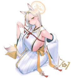 Rule 34 | 1girl, absurdres, alternate breast size, animal ears, bare shoulders, blue archive, breasts, closed mouth, commentary request, forehead, from side, full body, hakama, hakama skirt, halo, highres, huge breasts, japanese clothes, kaho (blue archive), kimono, light smile, long hair, long skirt, looking at viewer, looking to the side, maruyama rui, mole, mole under mouth, obi, sash, seiza, sideboob, sideless outfit, sideways glance, simple background, sitting, skirt, sleeveless, sleeveless kimono, solo, thick eyebrows, white background, white hair, white kimono, white skirt, yellow eyes, yellow sash