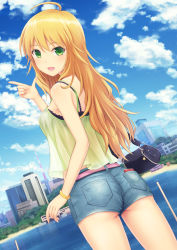 Rule 34 | 1girl, ahoge, ass, bag, bangle, bare arms, beach, belt, black bra, blonde hair, blue sky, blush, bra, bra strap, bracelet, building, camisole, city, cityscape, cloud, day, denim, denim shorts, dutch angle, fingernails, from behind, green eyes, handbag, highres, hoshii miki, idolmaster, idolmaster (classic), jewelry, long hair, looking at viewer, looking back, n.g., open mouth, outdoors, pointing, see-through, short shorts, shorts, sky, smile, solo, spaghetti strap, thighs, underwear, water, wristband