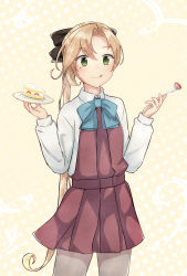 Rule 34 | 1girl, akigumo (kancolle), bad id, bad pixiv id, beige background, blue bow, blue bowtie, bow, bowtie, brown hair, cake, cake slice, commentary request, dress shirt, food, fork, green eyes, grey pantyhose, hair ribbon, halterneck, highres, kantai collection, long hair, looking at viewer, ludens (inonaka koubou), mole, mole under eye, pantyhose, polka dot, polka dot background, ponytail, ribbon, school uniform, shirt, solo, standing, strawberry shortcake, tongue, tongue out, white shirt, yellow background