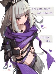 Rule 34 | 1girl, absurdres, animal ears, arknights, black gloves, black nails, black pants, blunt bangs, blush, commentary, cowboy shot, crop top, fingerless gloves, fox ears, frostleaf (arknights), frostleaf (breaking the ice) (arknights), gloves, grey hair, heart, highres, jacket, long hair, midriff, nail polish, navel, official alternate costume, pants, parted lips, purple jacket, red eyes, simple background, solo, standing, stomach, togekk0, white background