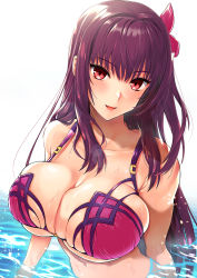 Rule 34 | 1girl, alternate costume, bikini, breasts, bursting breasts, cleavage, fate/grand order, fate (series), flower, hair flower, hair intakes, hair ornament, hibiscus, highres, kojima saya, large breasts, long hair, looking at viewer, ocean, partially submerged, pink bikini, purple bikini, purple hair, red eyes, scathach (fate), scathach (fate/grand order), scathach (swimsuit assassin) (fate), skindentation, smile, solo, swimsuit, water
