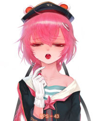 Rule 34 | 1girl, animal ears, animal hat, black hat, black shirt, braid, character name, collarbone, dokomon, fake animal ears, food, food in mouth, girls&#039; frontline, gloves, hair between eyes, hair ornament, hairclip, half-closed eyes, hat, holding, holding food, long hair, long sleeves, looking at viewer, off shoulder, open mouth, pink hair, pps-43 (girls&#039; frontline), red eyes, shirt, simple background, solo, star (symbol), striped clothes, striped shirt, teeth, telnyashka, tongue, tongue out, upper body, upper teeth only, very long hair, white background, white gloves