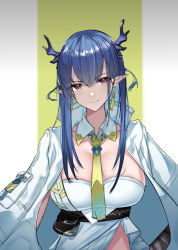Rule 34 | 1girl, arknights, between breasts, blue hair, breasts, cleavage, closed mouth, coat, coat on shoulders, dragon horns, dress, earrings, horns, jewelry, large breasts, ling (arknights), long hair, looking at viewer, multicolored hair, necktie, necktie between breasts, open clothes, open coat, pointy ears, pouch, purple eyes, smile, solo, srpzk, strapless, strapless dress, streaked hair, two-tone background, two-tone hair, underbust, upper body, very long hair, white coat, white dress, white hair, yellow necktie