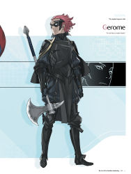 Rule 34 | 1boy, absurdres, armor, armored boots, black pants, boots, cape, capelet, character name, fire emblem, fire emblem awakening, full body, gauntlets, gerome (fire emblem), highres, holding, holding weapon, knee boots, kozaki yuusuke, long sleeves, male focus, mask, nintendo, official art, page number, pants, pelvic curtain, red hair, short hair, shoulder armor, shoulder pads, simple background, solo, weapon