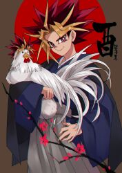 Rule 34 | 1boy, 2017, animal, bird, branch, bright pupils, brown background, chicken, commentary, da huang, dated commentary, fingernails, flower, hakama, highres, holding, holding animal, holding bird, japanese clothes, kanji, kimono, male focus, multicolored hair, new year, plum blossoms, purple eyes, red sun, smile, solo, spiked hair, white pupils, yami yuugi, yu-gi-oh!