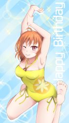 Rule 34 | 1girl, ;), artist request, bare legs, bare shoulders, barefoot, blush, bow, braid, breasts, casual one-piece swimsuit, cleavage, collarbone, criss-cross halter, feet, female focus, hair bow, halterneck, highres, looking at viewer, love live!, love live! school idol festival, love live! sunshine!!, medium breasts, o-ring, o-ring swimsuit, one-piece swimsuit, one eye closed, orange hair, outstretched arms, parted lips, red eyes, scrunchie, short hair, side-tie swimsuit, side braid, small breasts, smile, solo, stretching, swimsuit, takami chika, wink, yellow bow, yellow one-piece swimsuit
