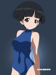 Rule 34 | 1girl, artist name, black hair, blue background, blue one-piece swimsuit, blush, breasts, brown eyes, closed mouth, collarbone, dated, girls und panzer, highres, konparu nozomi, large breasts, looking at viewer, naotosi, one-piece swimsuit, shiny skin, short hair, simple background, smile, solo, swimsuit