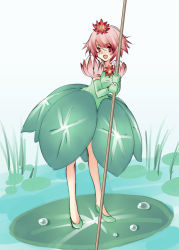 Rule 34 | 1girl, dress, elbow gloves, fantasy, flower, gloves, green dress, green footwear, green gloves, hair flower, hair ornament, lily pad, open mouth, original, pink hair, plant girl, puffy sleeves, red eyes, shoes, short hair, smile, solo, staff, torazou, water, wearing plant