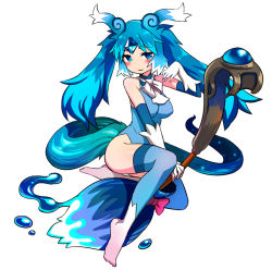 Rule 34 | 1girl, bare shoulders, blue eyes, blue hair, blush, carbuncle (p&amp;d), gloves, long hair, matching hair/eyes, mercury light carbuncle, personification, puzzle &amp; dragons, solo, staff, tail, white gloves, zaxwu