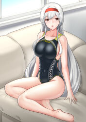 Rule 34 | 1girl, alternate costume, barefoot, black one-piece swimsuit, breasts, brown eyes, competition swimsuit, covered navel, grey hair, headband, highleg, highleg swimsuit, highres, kantai collection, large breasts, legs, long hair, looking at viewer, one-piece swimsuit, red headband, shoukaku (kancolle), sitting, solo, swimsuit, toenails, toes, very long hair, wata nuki, yokozuwari