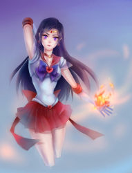 Rule 34 | &gt;:), 1girl, arm up, bishoujo senshi sailor moon, black hair, blue background, bow, brooch, cowboy shot, dr.chopper (dalryu00), earrings, elbow gloves, fire, fire, gloves, heart, heart brooch, hino rei, jewelry, long hair, looking at viewer, miniskirt, pleated skirt, purple bow, purple eyes, red ribbon, red skirt, ribbon, sailor collar, sailor mars, simple background, skirt, solo, star (symbol), star earrings, super sailor mars, v-shaped eyebrows, very long hair, white gloves
