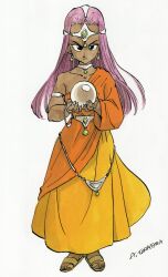 Rule 34 | 1girl, absurdres, armlet, ball, black eyes, bracelet, breasts, brown footwear, closed mouth, collarbone, commentary, crystal ball, dark-skinned female, dark skin, diadem, dragon quest, dragon quest iv, earrings, eyelashes, fingernails, forehead jewel, full body, gem, green gemstone, hair slicked back, hands up, highres, holding, holding ball, holding crystal, indian clothes, jewelry, legs together, long hair, long skirt, looking at viewer, medium breasts, minea (dq4), neck ring, official art, parted bangs, pendant choker, purple hair, sandals, sari, serious, signature, simple background, single bare shoulder, skirt, solo, standing, straight hair, toenails, toriyama akira, waist jewel, white background, yellow skirt
