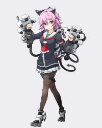Rule 34 | 10s, 1girl, alternate costume, animal ears, animal hands, black pantyhose, black sweater, cat ears, cat tail, commentary request, crossed legs, full body, grey background, highres, kantai collection, looking at viewer, mecha musume, minosu, neckerchief, pantyhose, paw pose, purple hair, red eyes, red neckerchief, sailor collar, school uniform, serafuku, short hair, simple background, skirt, solo, standing, sweater, tail, tama (kancolle), watson cross, white sailor collar, white skirt